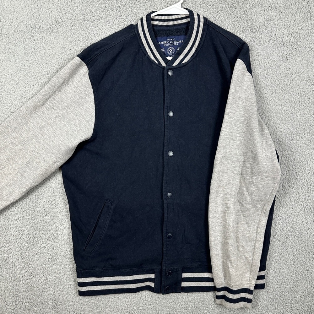 American Eagle Jacket Varsity Mens XL Gray Blue Colorblock Athletic Snap Button